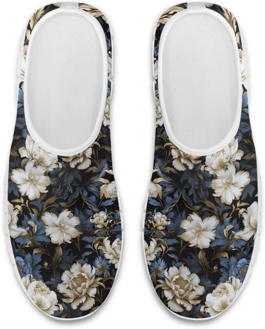 GOSTONG Floral Art Sneakers for Women Retro Low-Cut Slip-on Home Loafers Lightweight Soft Soled Comfort Outdoor Running Travel Sneakers White US 5 to 11.5