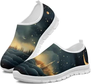 GOSTONG Floral Art Sneakers for Women Retro Low-Cut Slip-on Home Loafers Lightweight Soft Soled Comfort Outdoor Running Travel Sneakers White US 5 to 11.5