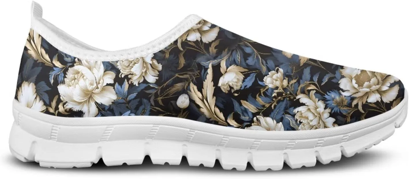GOSTONG Floral Art Sneakers for Women Retro Low-Cut Slip-on Home Loafers Lightweight Soft Soled Comfort Outdoor Running Travel Sneakers White US 5 to 11.5