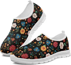 GOSTONG Floral Art Sneakers for Women Retro Low-Cut Slip-on Home Loafers Lightweight Soft Soled Comfort Outdoor Running Travel Sneakers White US 5 to 11.5