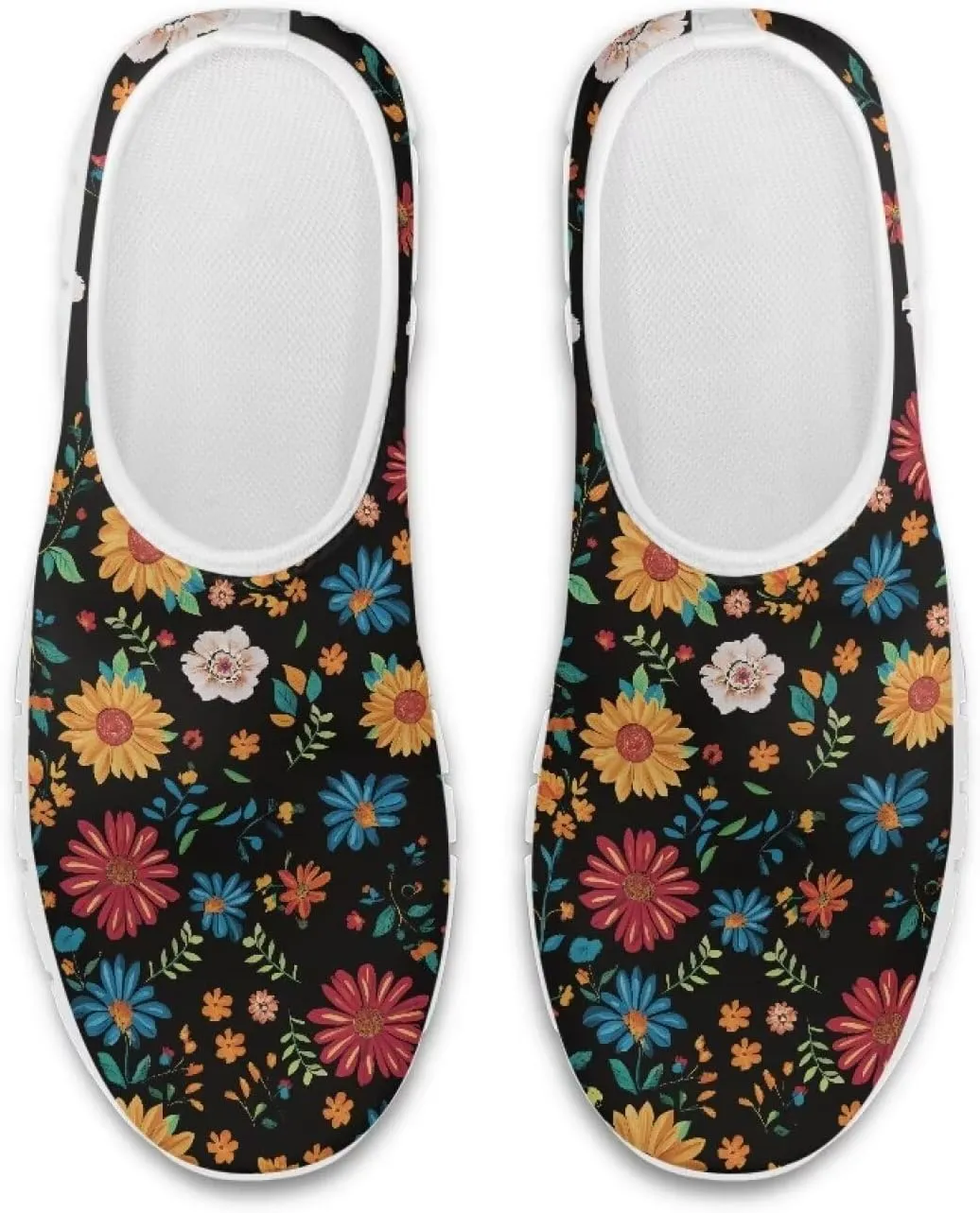 GOSTONG Floral Art Sneakers for Women Retro Low-Cut Slip-on Home Loafers Lightweight Soft Soled Comfort Outdoor Running Travel Sneakers White US 5 to 11.5