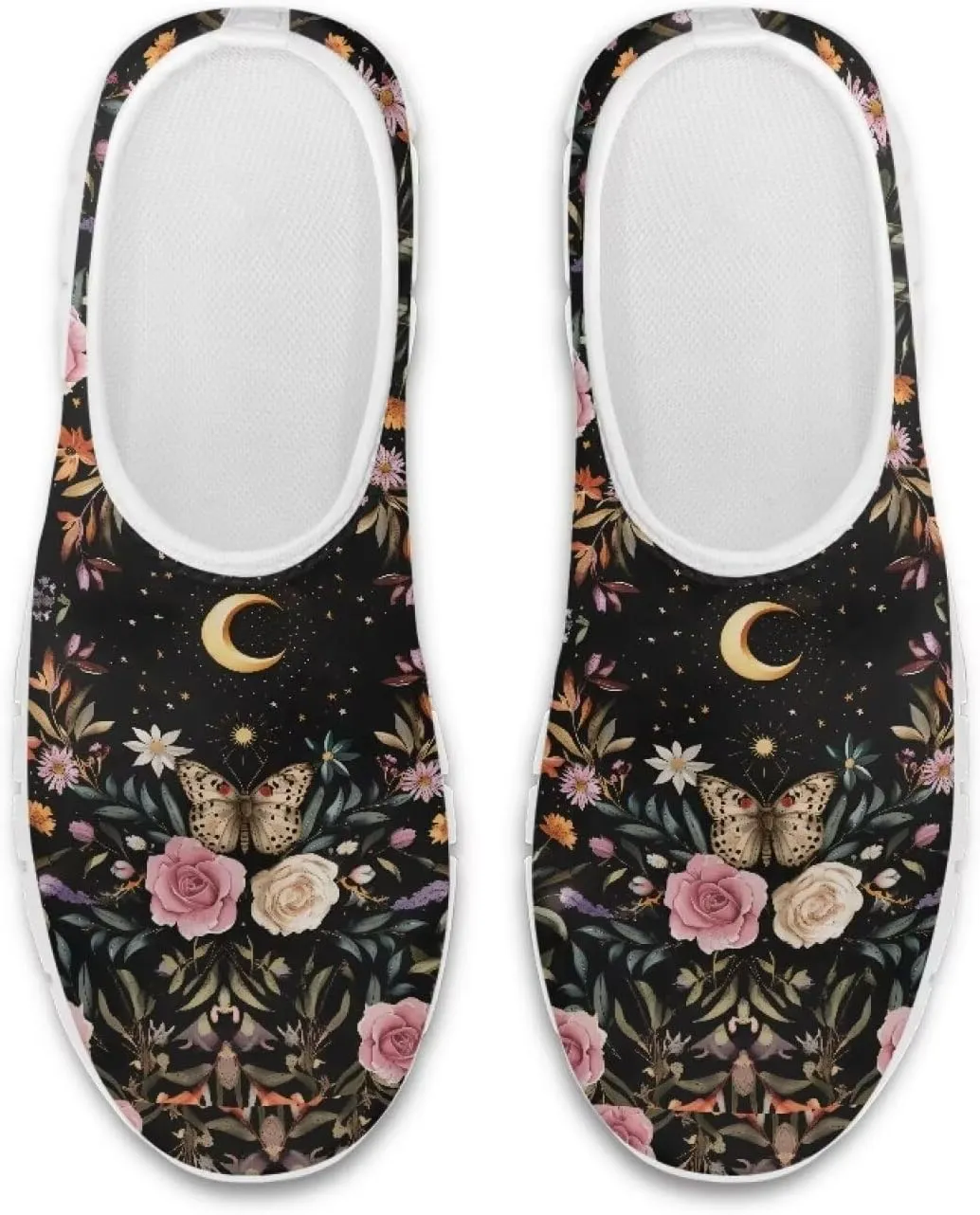 GOSTONG Floral Art Sneakers for Women Retro Low-Cut Slip-on Home Loafers Lightweight Soft Soled Comfort Outdoor Running Travel Sneakers White US 5 to 11.5