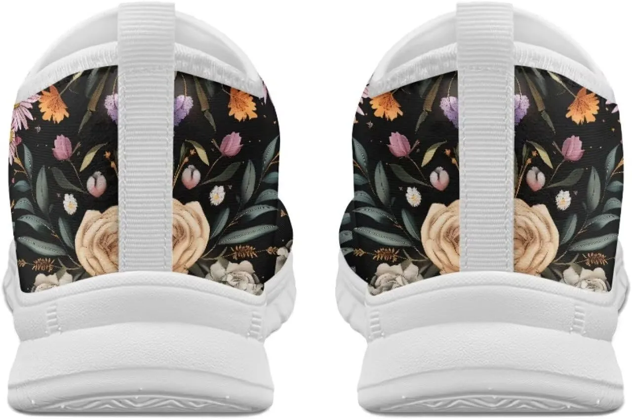 GOSTONG Floral Art Sneakers for Women Retro Low-Cut Slip-on Home Loafers Lightweight Soft Soled Comfort Outdoor Running Travel Sneakers White US 5 to 11.5