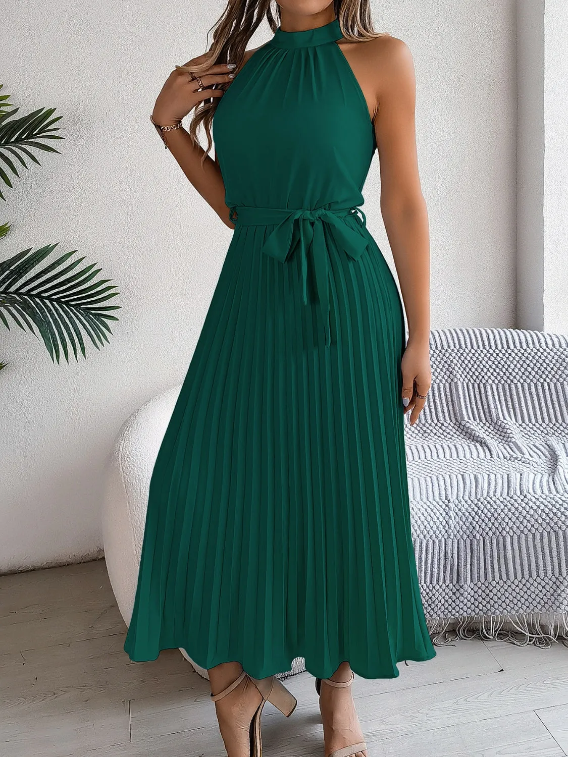 Grecian Neck Tie Waist Pleated Dress