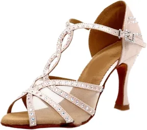 High Heels Women's Dance Shoes Shiny Bronze Leather Black Satin Mesh Dinner Shoes for Ballroom Social Dancing