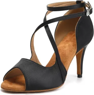 HIPPOSEUS Women's Peep Toe Latin Dance Shoes Satin Ballroom Party Salsa Dance Performace Shoes Ankle Strap,Model QJW