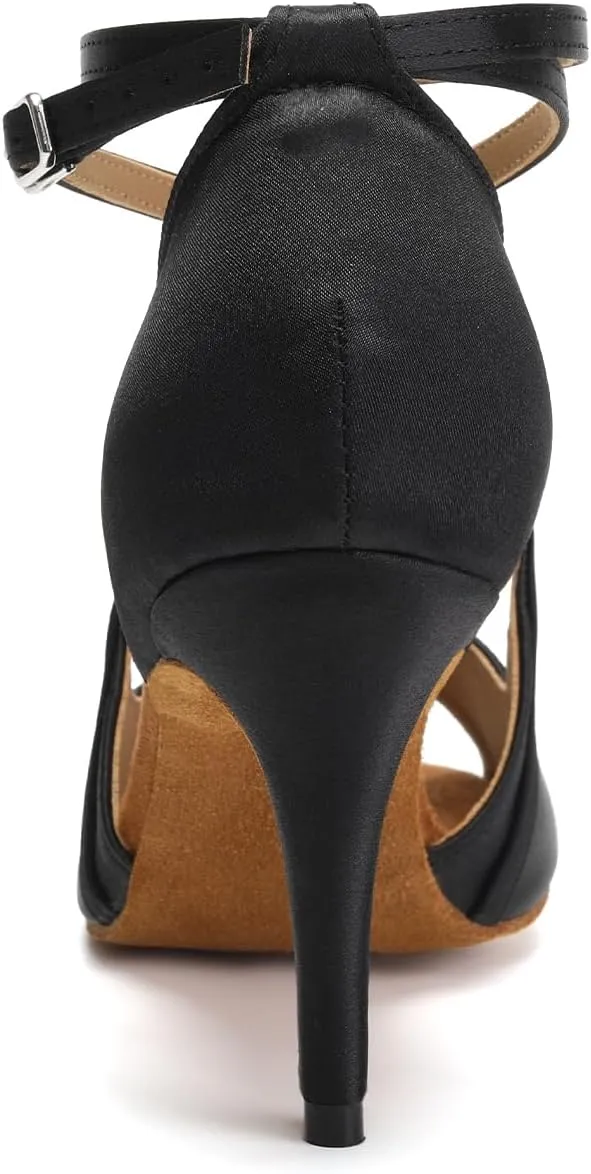 HIPPOSEUS Women's Peep Toe Latin Dance Shoes Satin Ballroom Party Salsa Dance Performace Shoes Ankle Strap,Model QJW