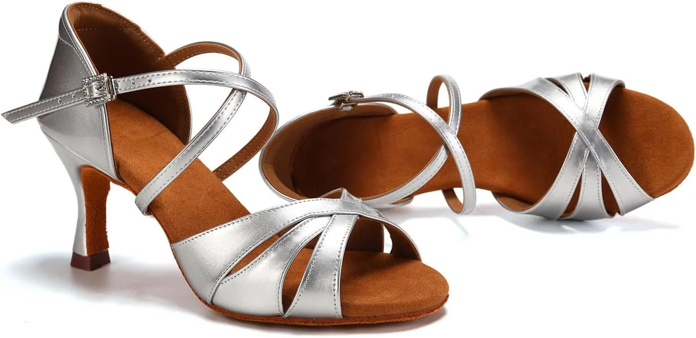 HIPPOSEUS Women's Satin Latin Dance Shoes Professional Indoors Ballroom Salsa Social Beginner Dance Practice Shoes,Model 3047