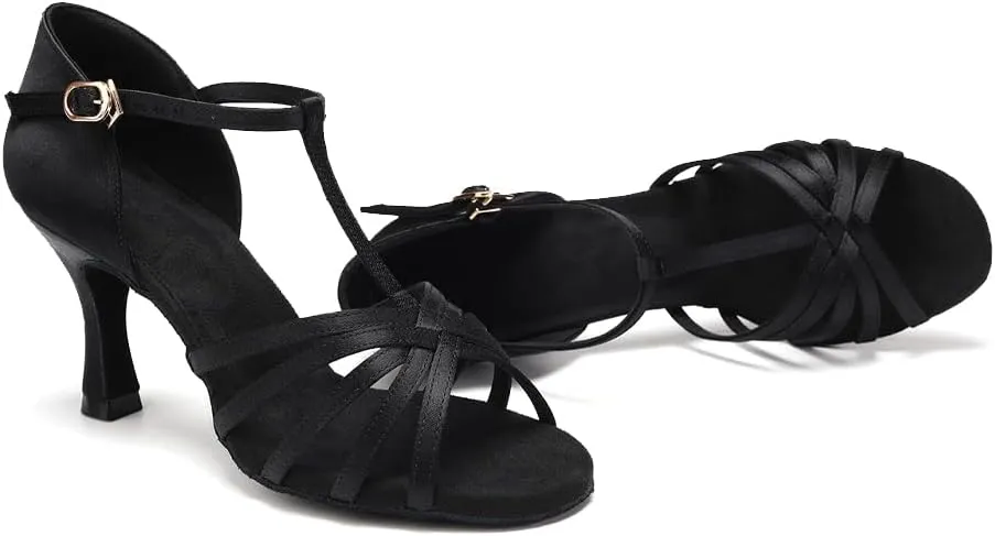 HIPPOSEUS Women's T Strap Latin Ballroom Dance Shoes Open Toe Tango Salsa Practice Dancing Shoes Suede Sole