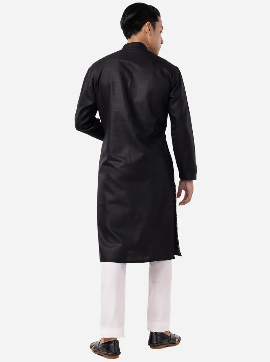 Jet Black Solid Kurta in Brocade Material | The Kurta Company