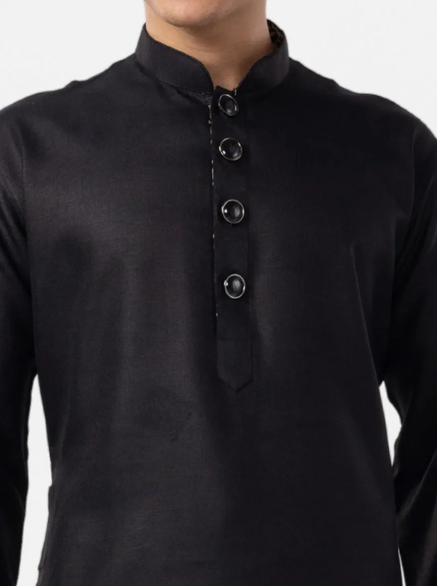 Jet Black Solid Kurta in Brocade Material | The Kurta Company