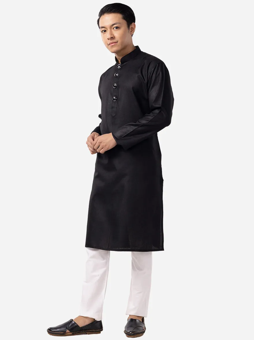 Jet Black Solid Kurta in Brocade Material | The Kurta Company