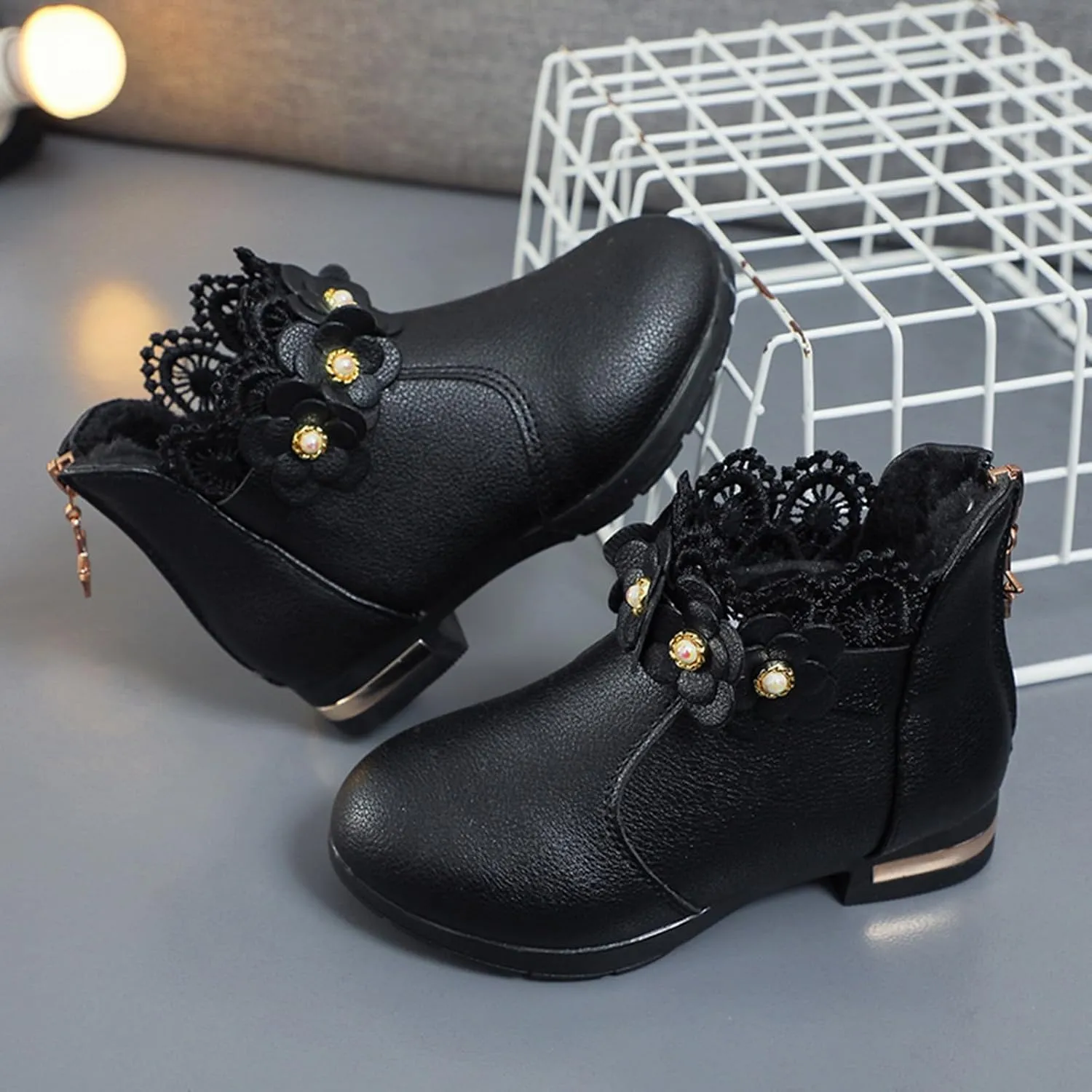 Kids Fashion Girls Ankle Boots Ruffle 3D Flowers Print Dress Booties Winter Leather Chunky Zipper Casual Shoes