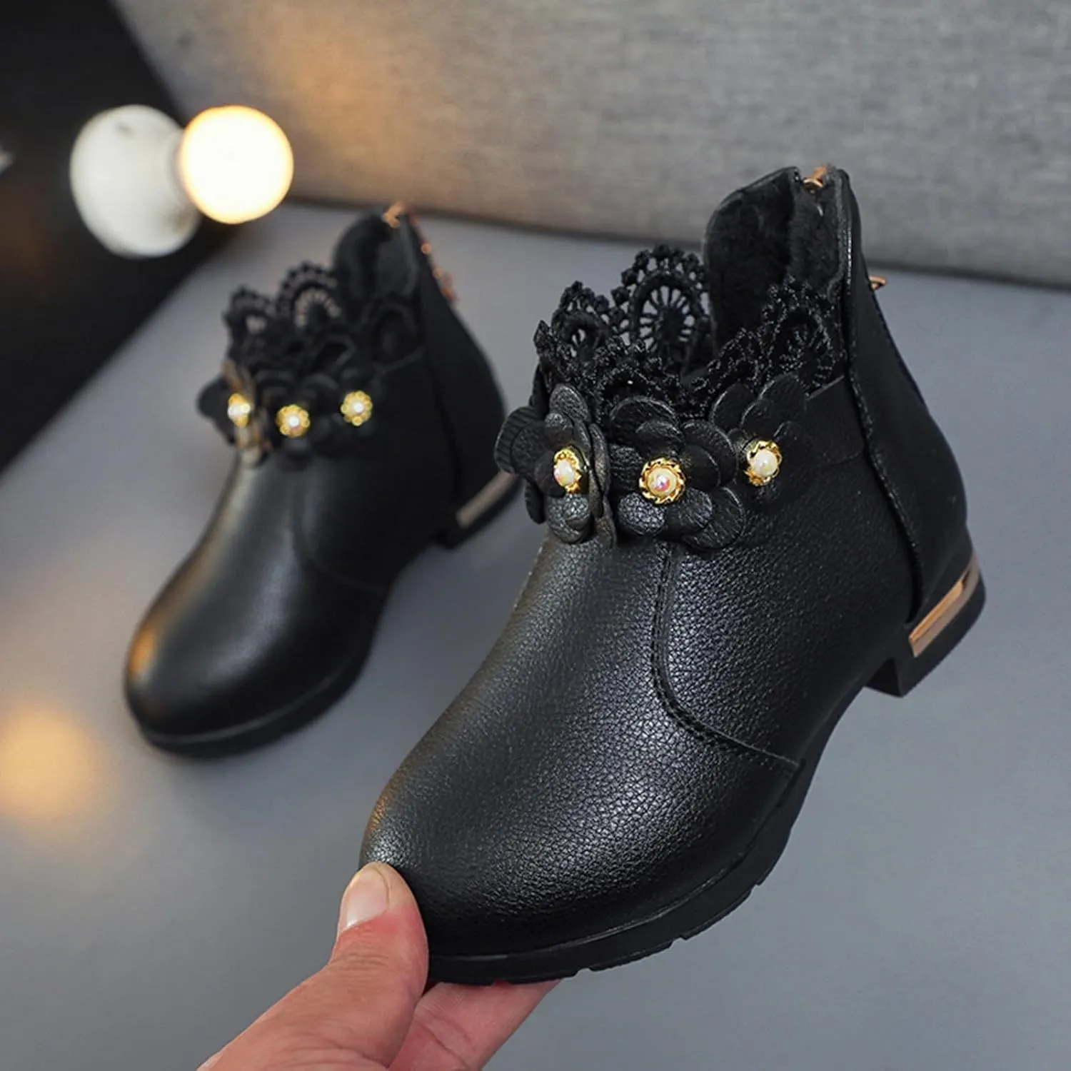 Kids Fashion Girls Ankle Boots Ruffle 3D Flowers Print Dress Booties Winter Leather Chunky Zipper Casual Shoes
