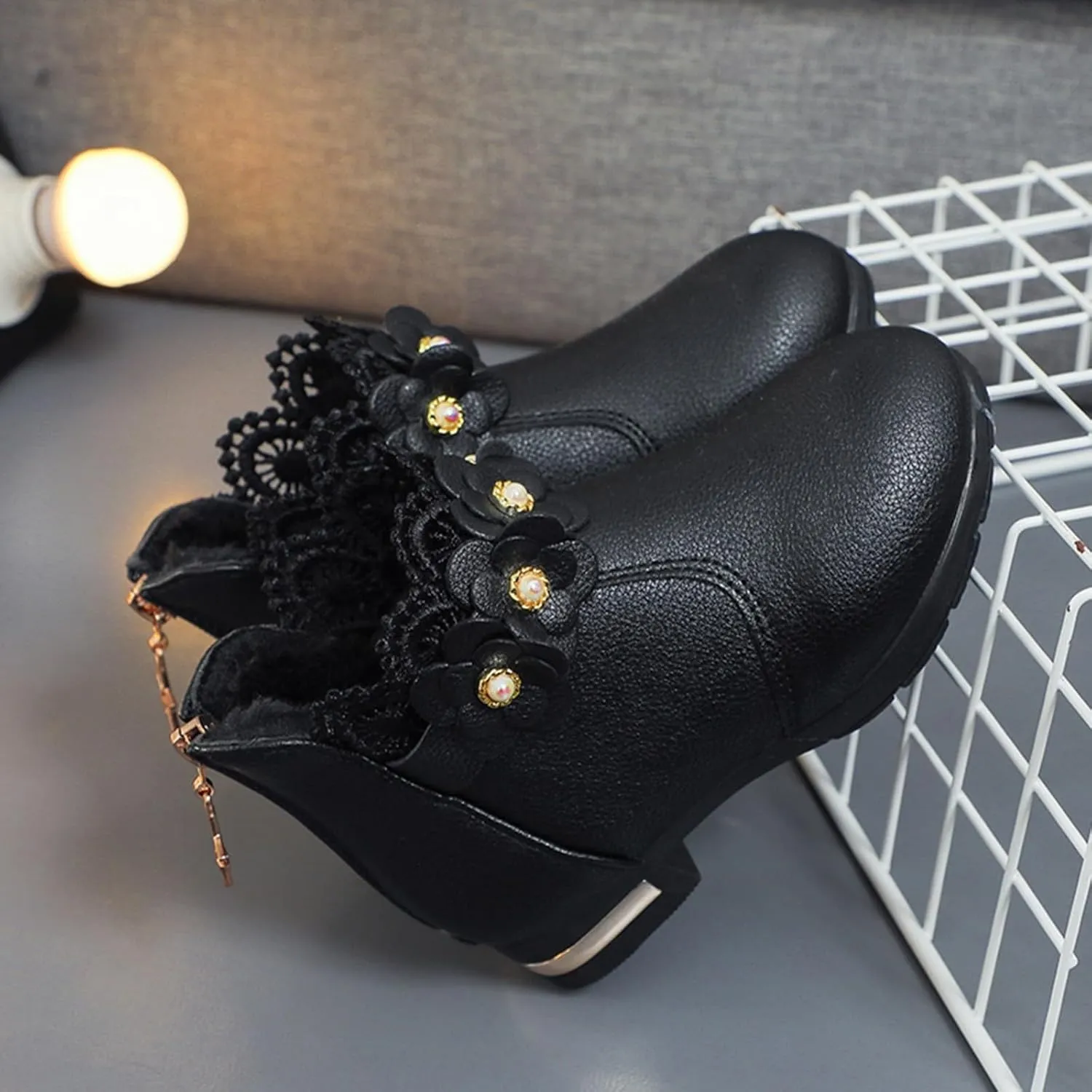 Kids Fashion Girls Ankle Boots Ruffle 3D Flowers Print Dress Booties Winter Leather Chunky Zipper Casual Shoes