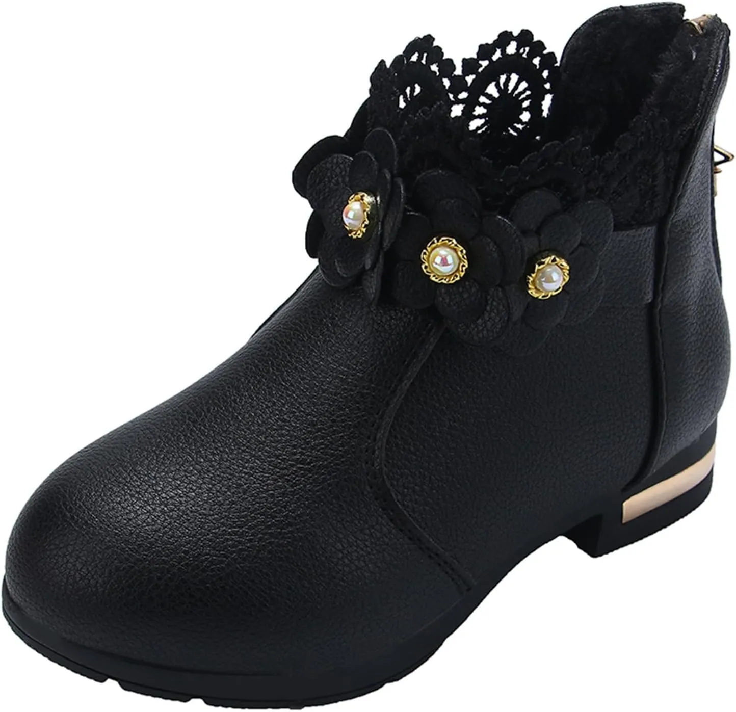 Kids Fashion Girls Ankle Boots Ruffle 3D Flowers Print Dress Booties Winter Leather Chunky Zipper Casual Shoes
