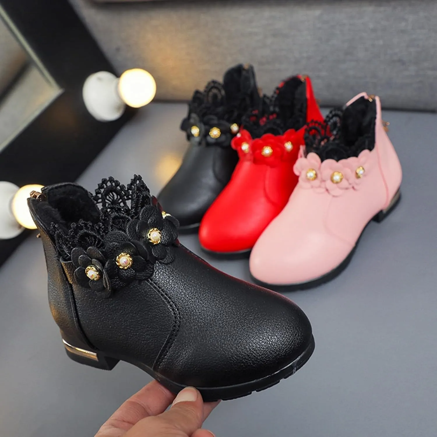 Kids Fashion Girls Ankle Boots Ruffle 3D Flowers Print Dress Booties Winter Leather Chunky Zipper Casual Shoes