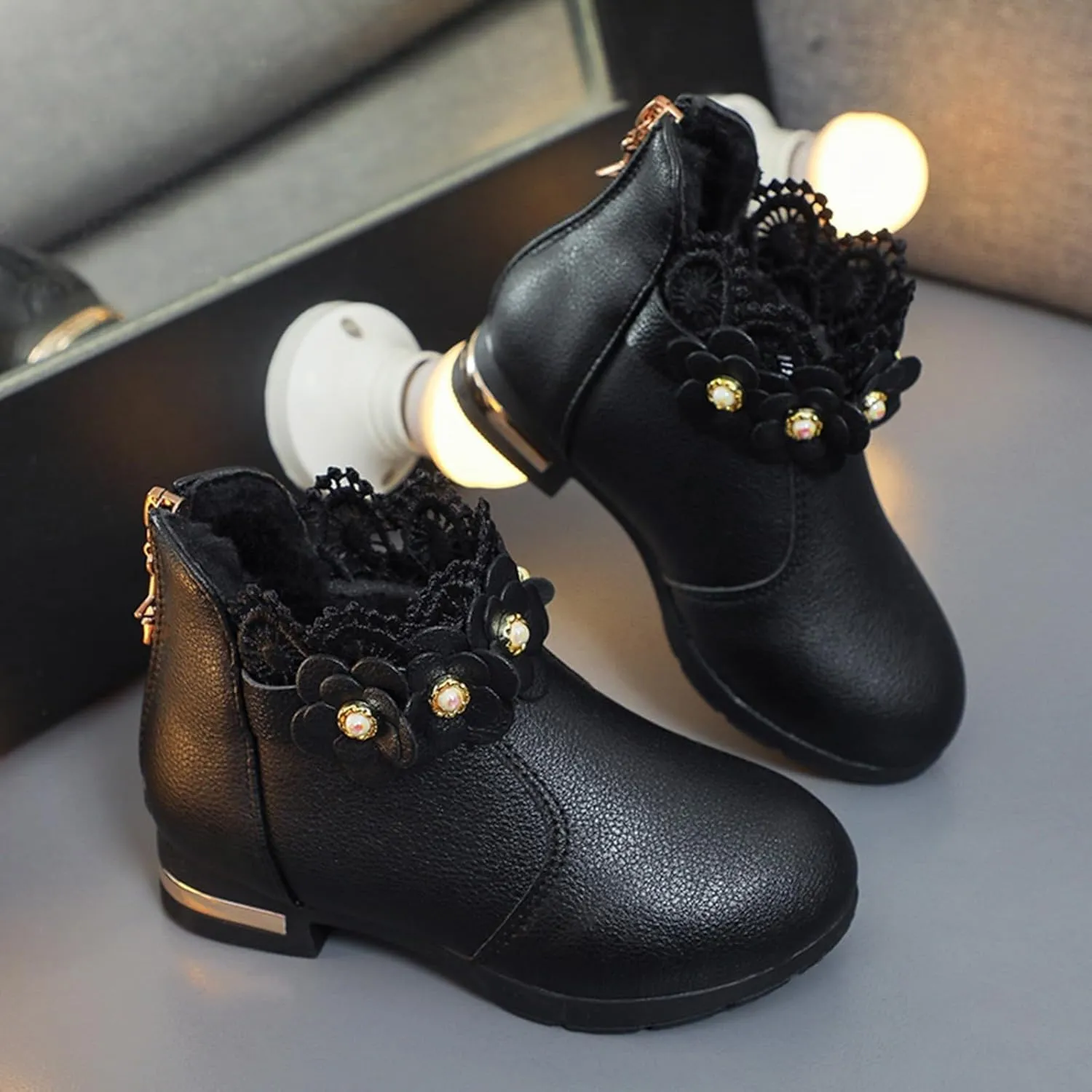 Kids Fashion Girls Ankle Boots Ruffle 3D Flowers Print Dress Booties Winter Leather Chunky Zipper Casual Shoes