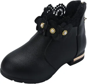 Kids Fashion Girls Ankle Boots Ruffle 3D Flowers Print Dress Booties Winter Leather Chunky Zipper Casual Shoes