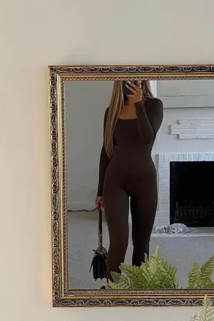 Leeanda Brown Ribbed Scoop Neck Crop Top and Leggings Gym Set