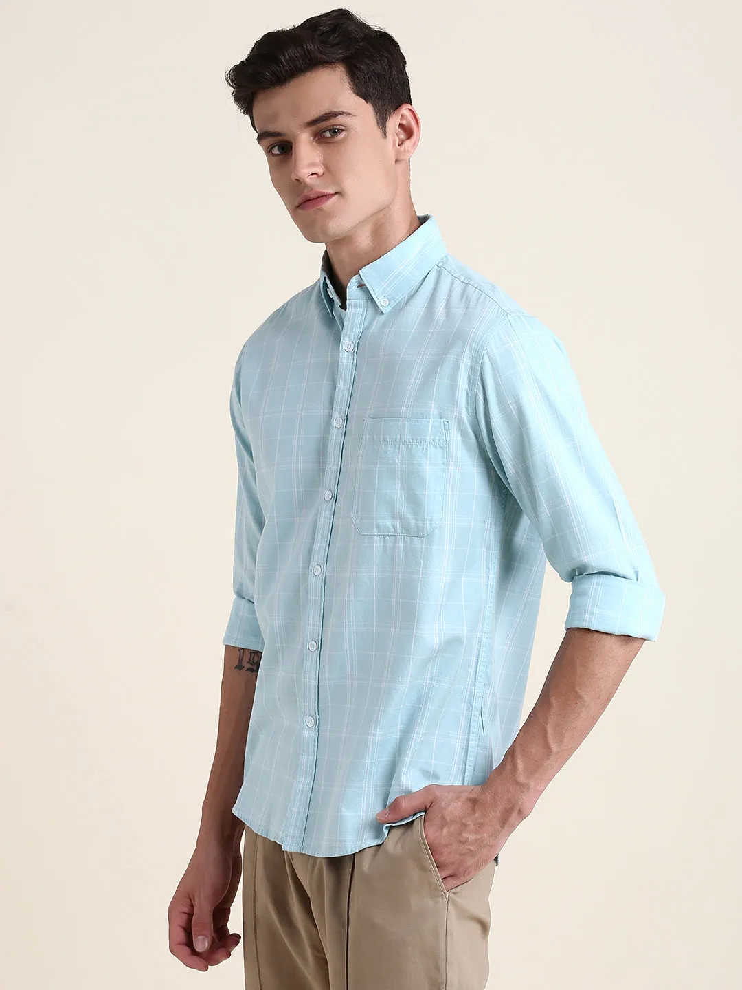 Men's Blue Checkered Print Slim Fit Casual Shirt