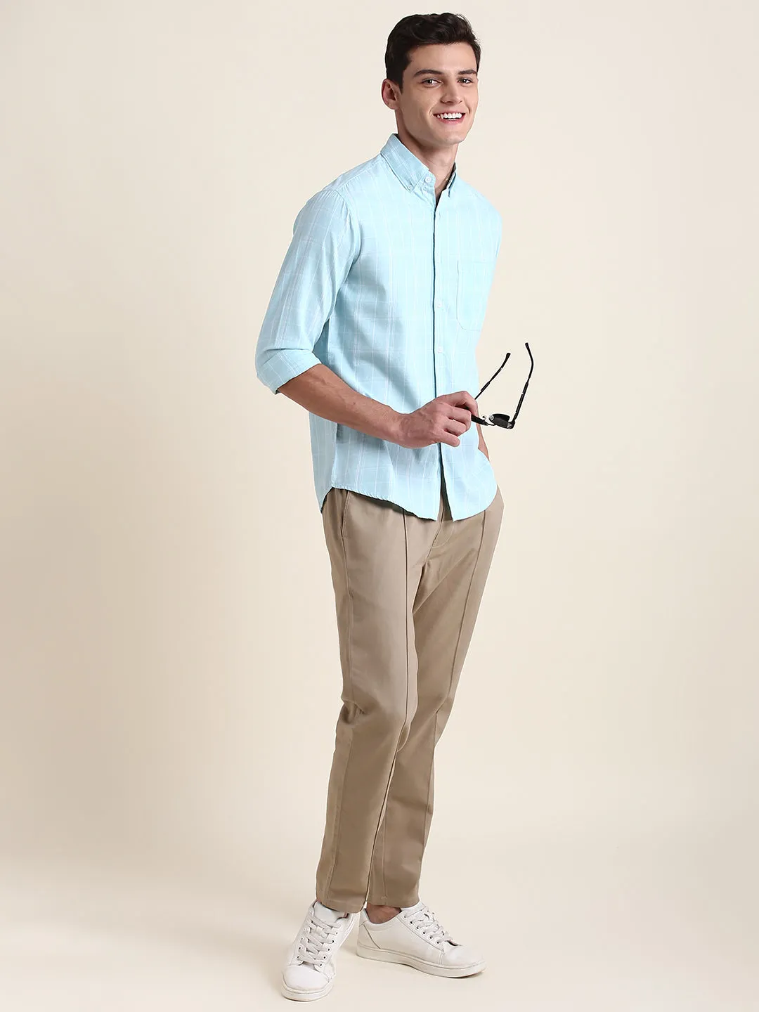 Men's Blue Checkered Print Slim Fit Casual Shirt