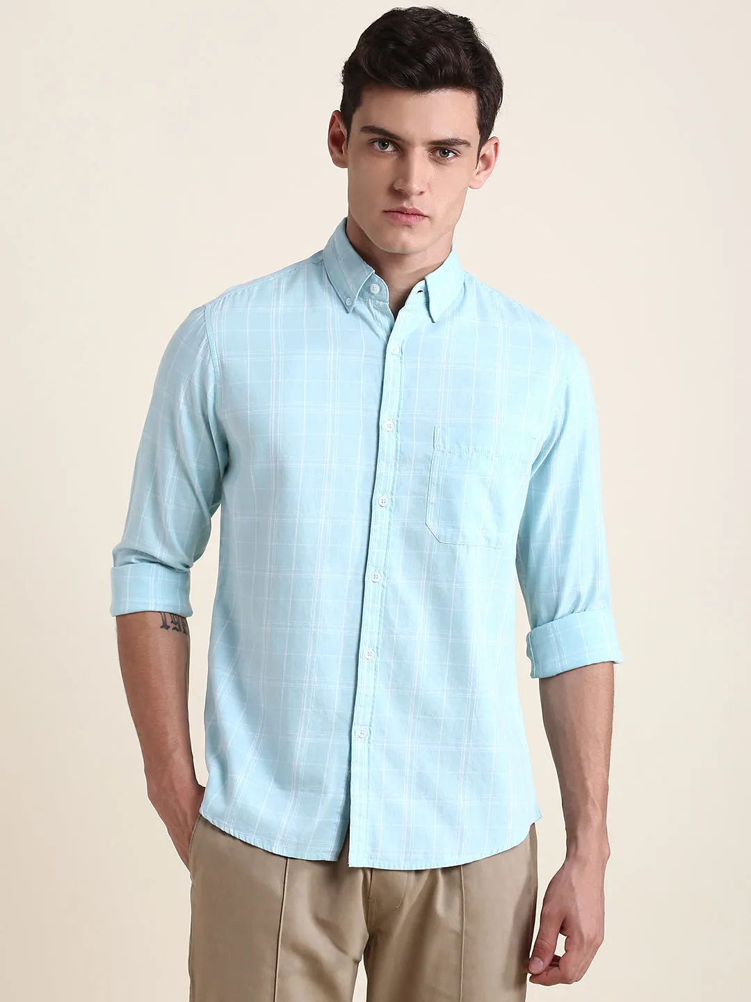 Men's Blue Checkered Print Slim Fit Casual Shirt