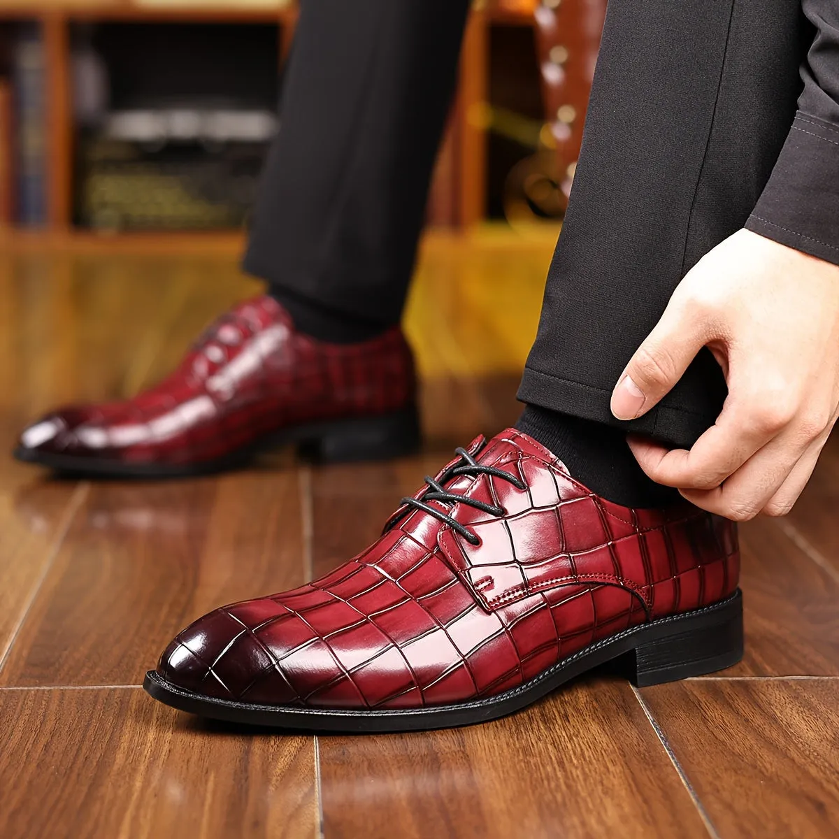 Men's Burgundy Leather Derbies Dress Shoes For Night Walk