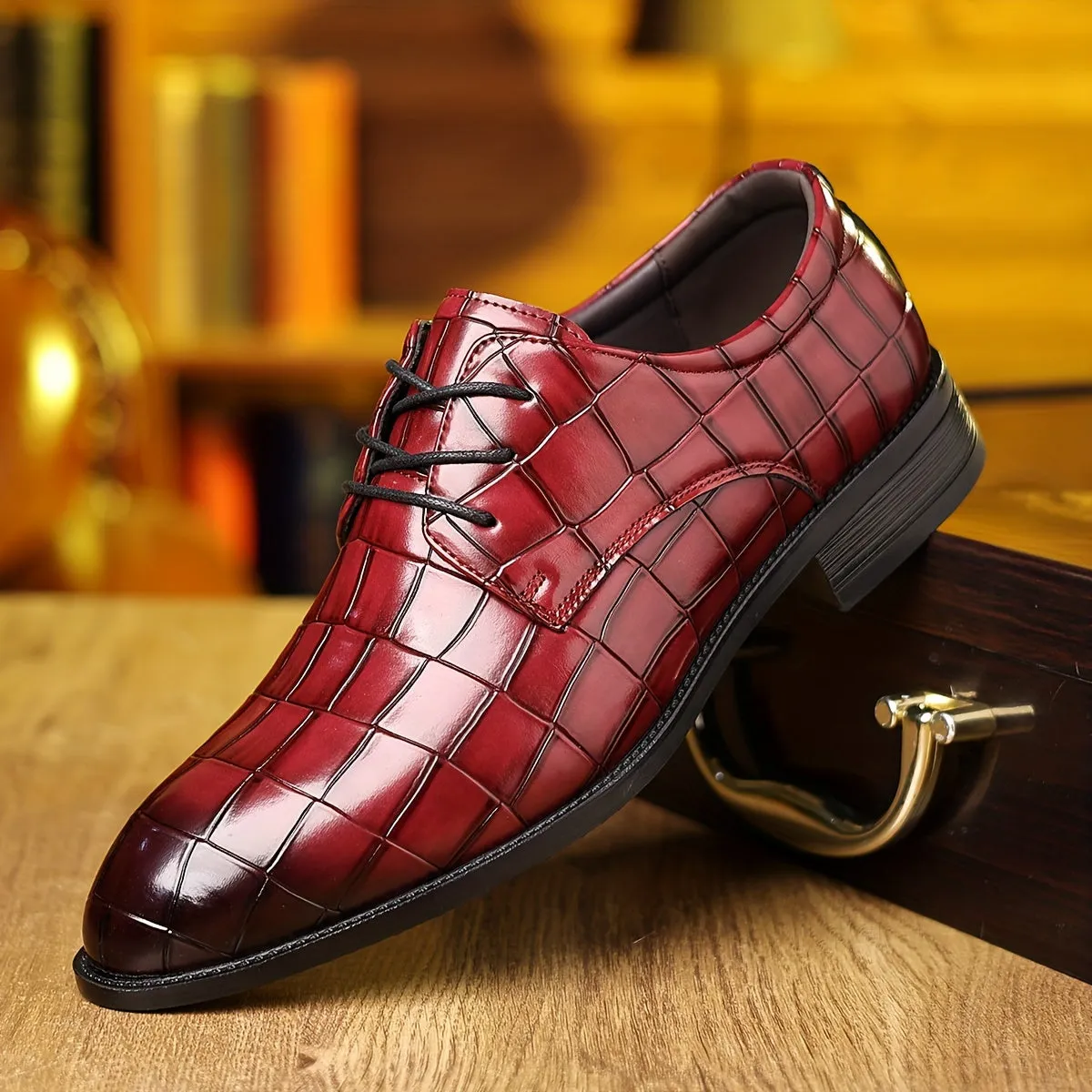 Men's Burgundy Leather Derbies Dress Shoes For Night Walk