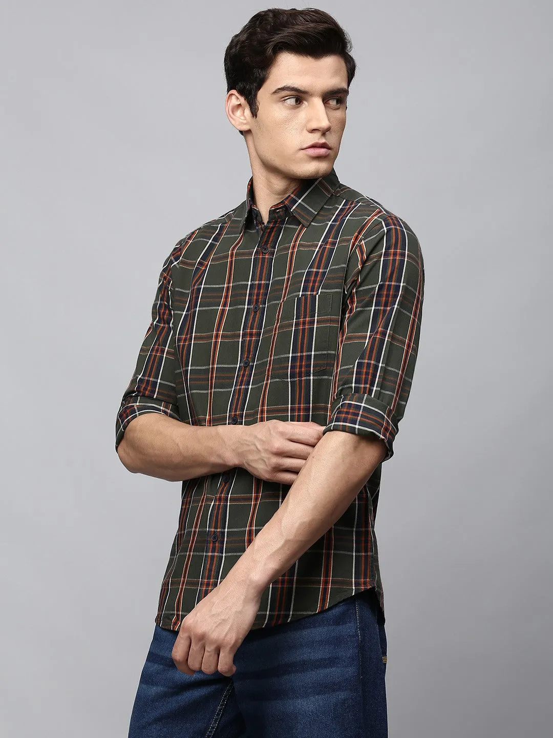 Men's Button Down Collar Slim Fit Checks Pink Casual Shirt