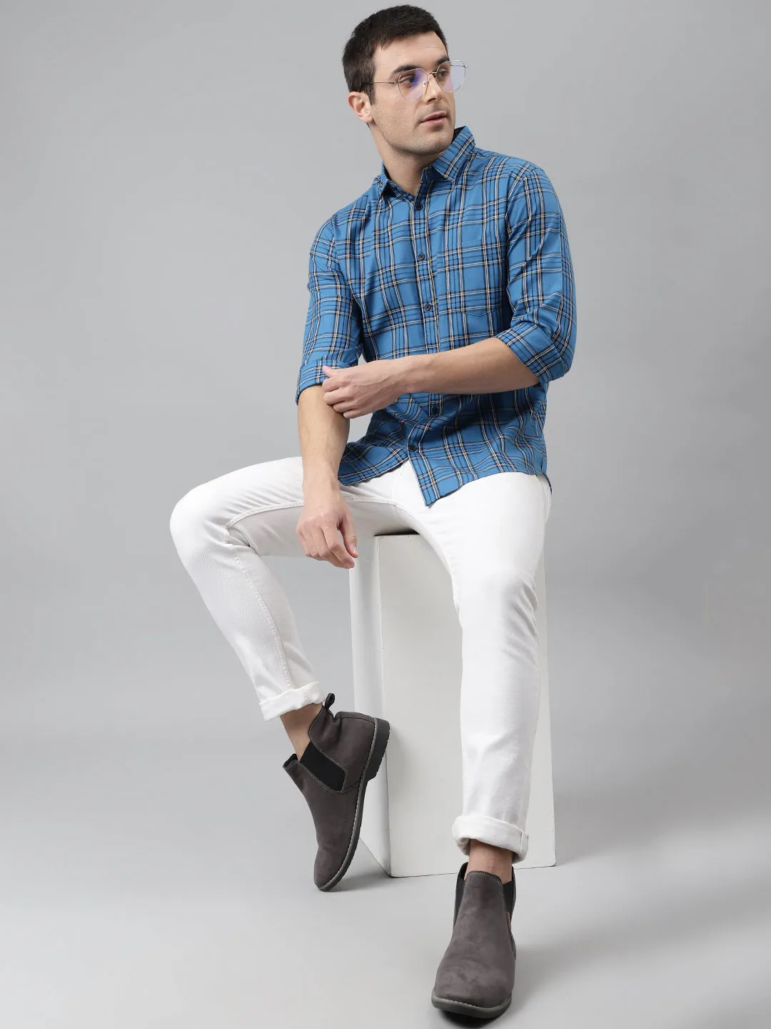 Men's Casual Shirt Checkered Slim Fit Cotton