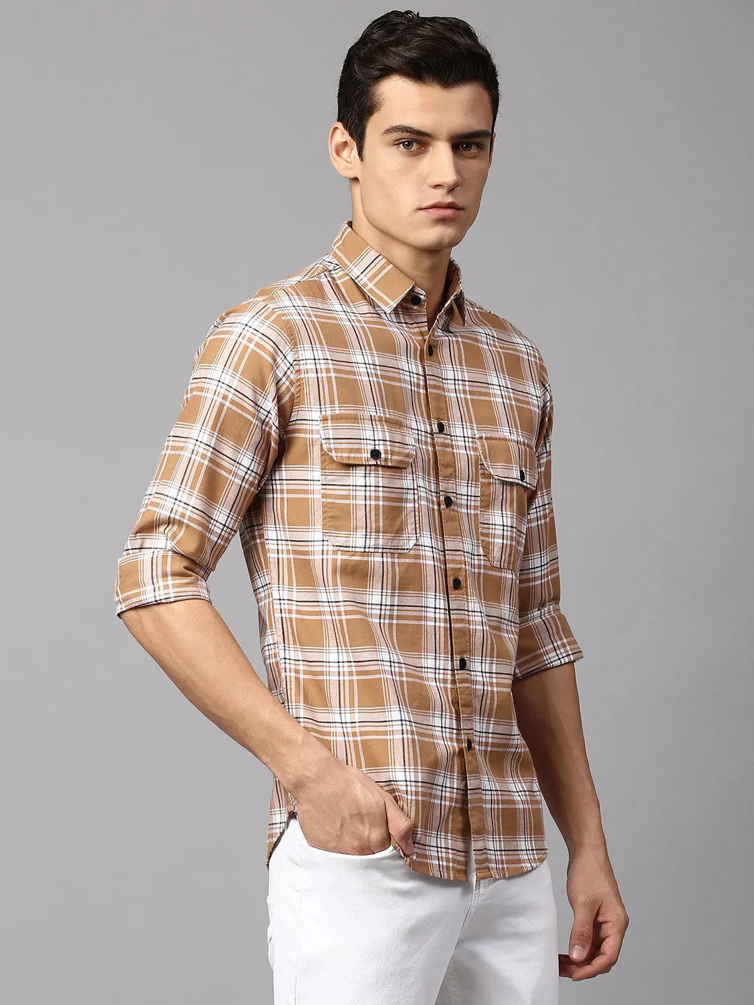 Men's Checkered Brown Slim Fit Casual Shirt  Spread Collar