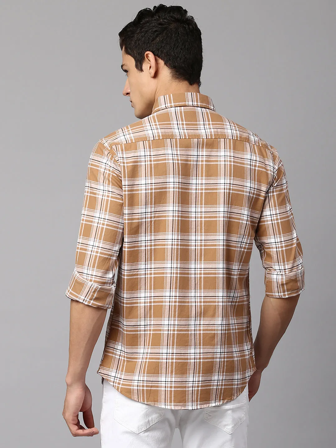 Men's Checkered Brown Slim Fit Casual Shirt  Spread Collar