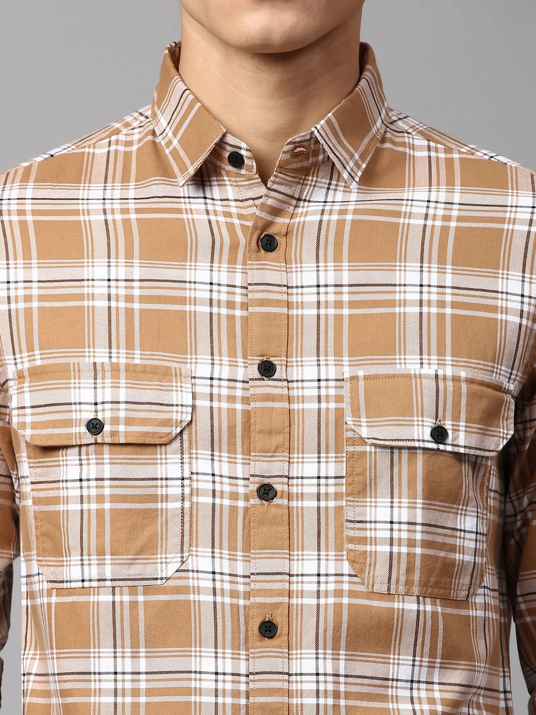Men's Checkered Brown Slim Fit Casual Shirt  Spread Collar