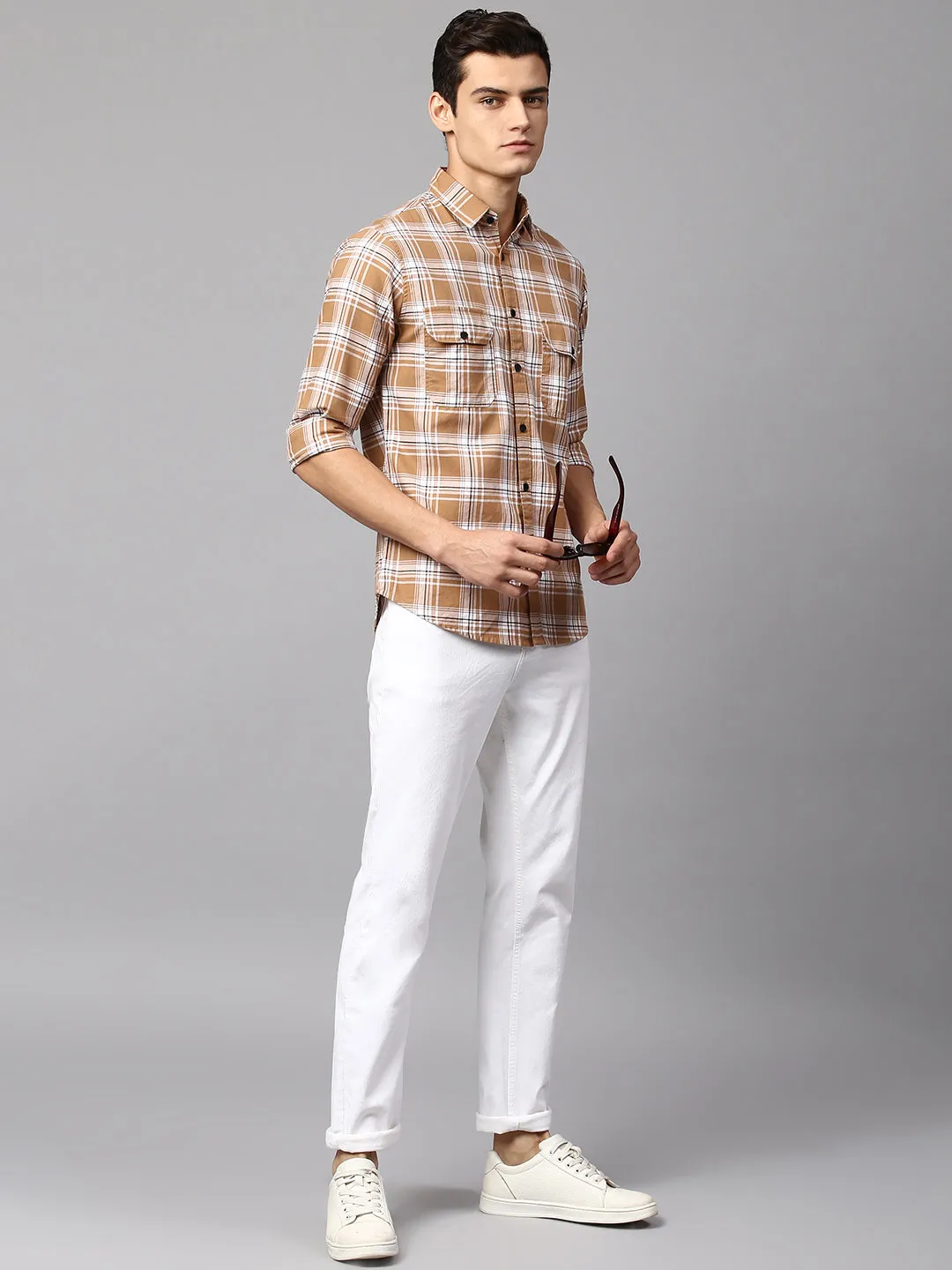 Men's Checkered Brown Slim Fit Casual Shirt  Spread Collar