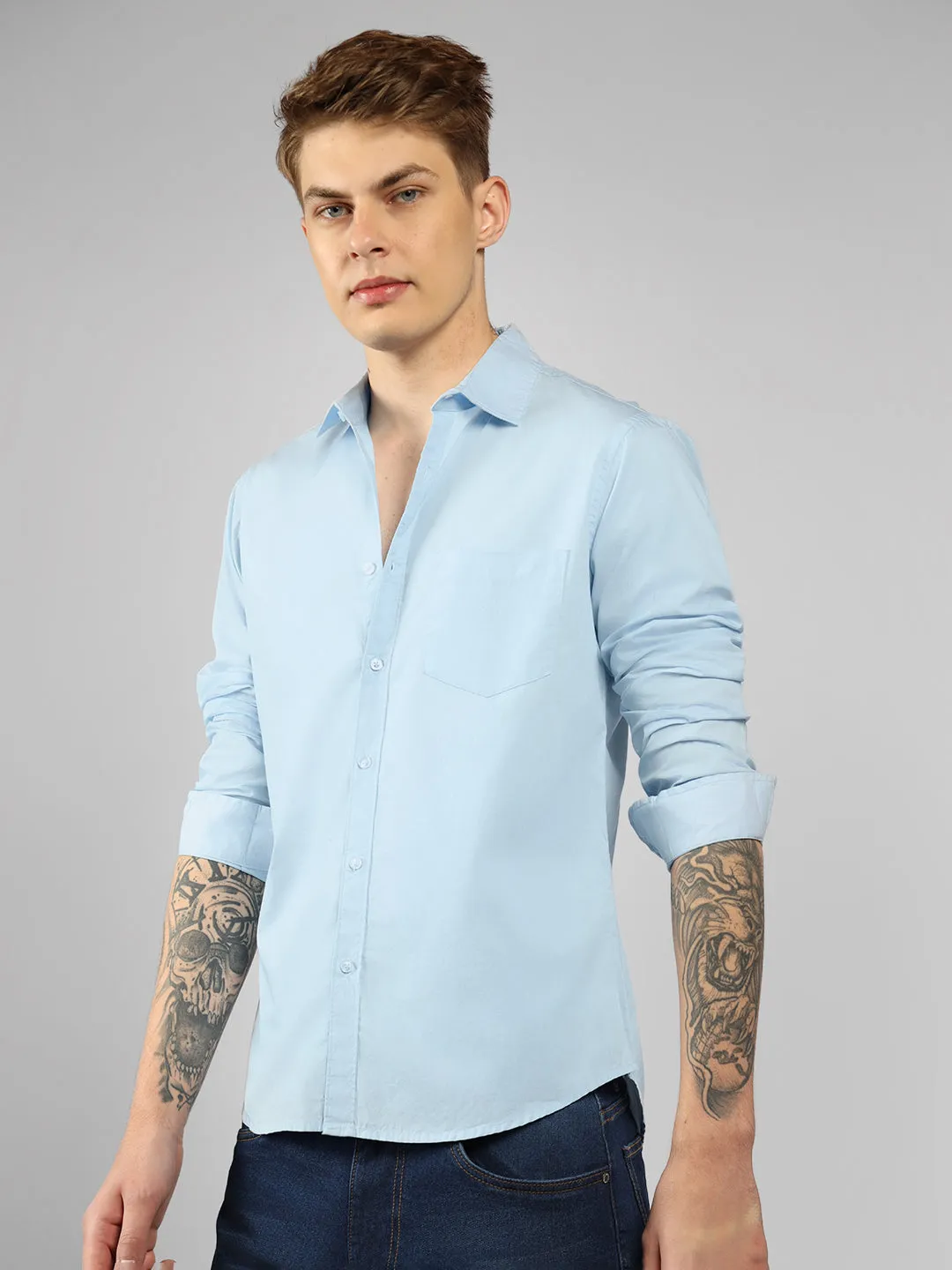 Men's Cotton Sky Blue Solid Casual Shirt