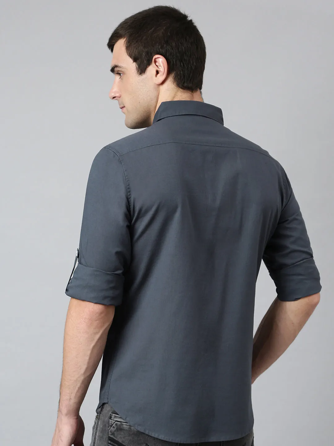 Men's Cotton Solid Dark Grey Slim Fit Casual Shirt