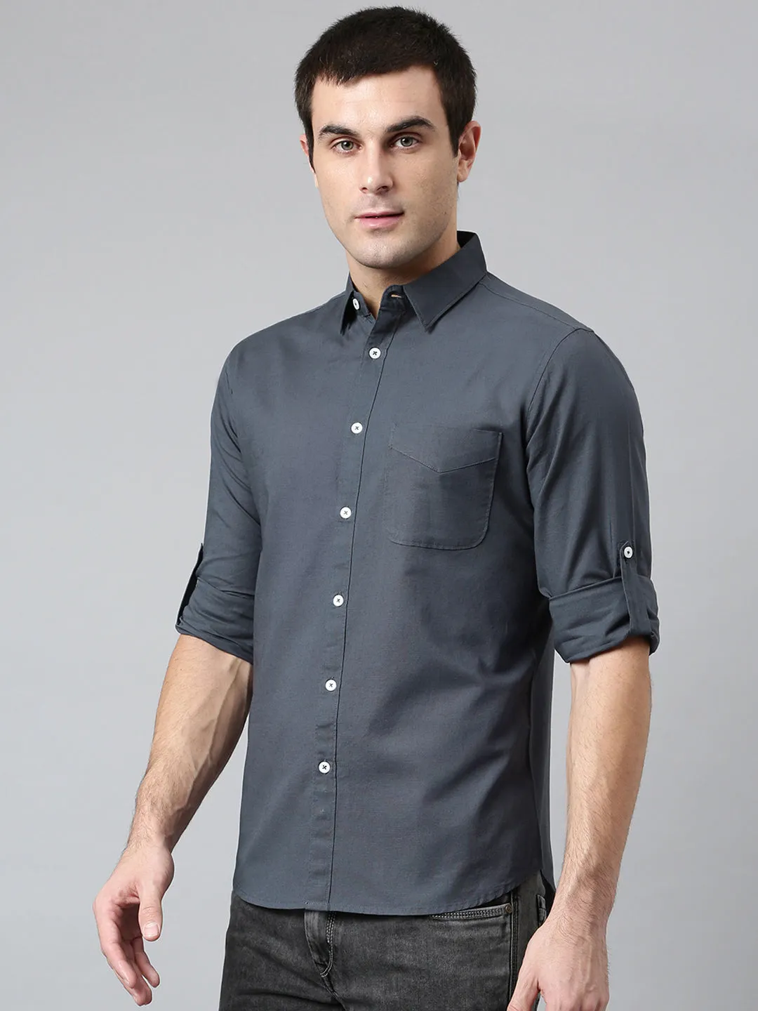 Men's Cotton Solid Dark Grey Slim Fit Casual Shirt