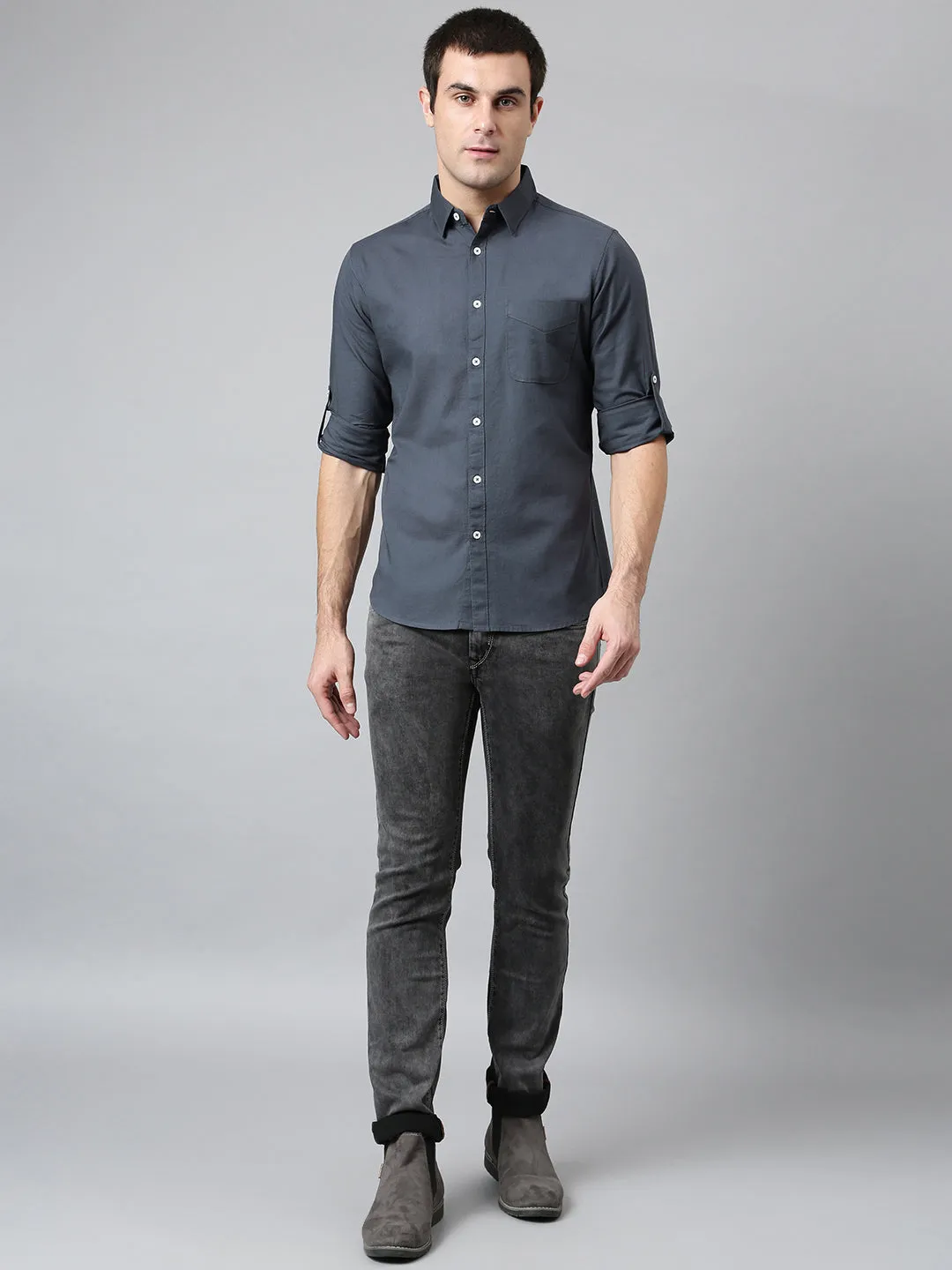 Men's Cotton Solid Dark Grey Slim Fit Casual Shirt