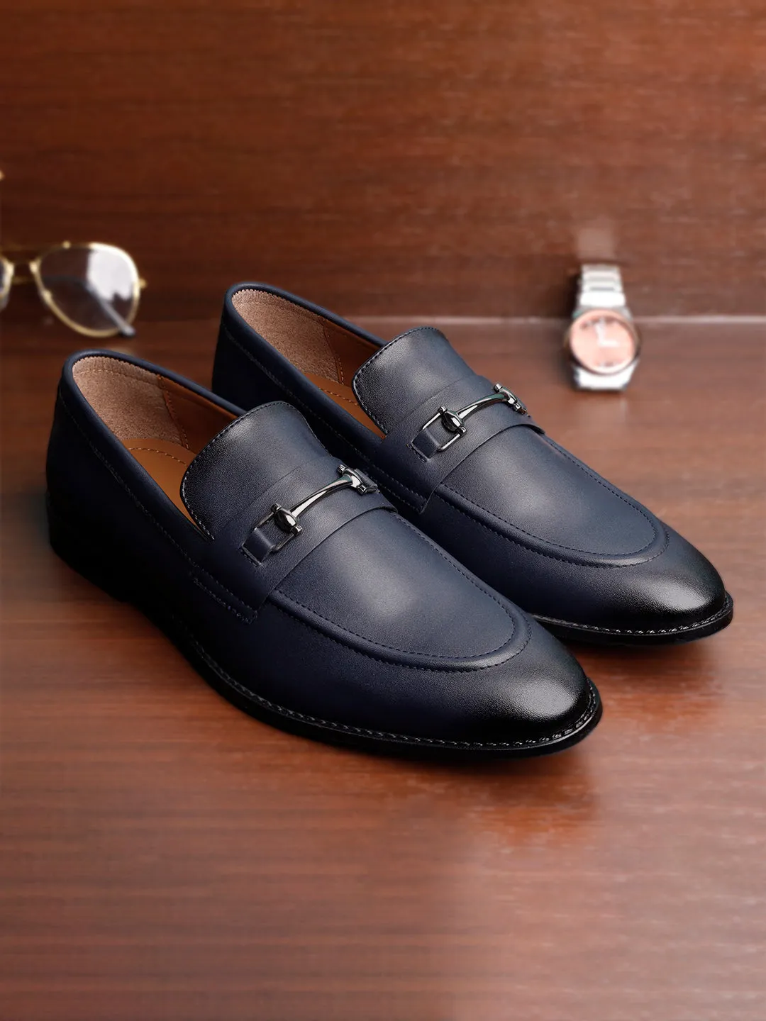 Men's Federal Blue Shoes Slipon Style Comfortable Moccasins with Buckle