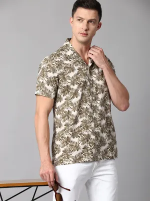Men's Floral Brown Slim Fit Casual Shirt With Cuban Collar