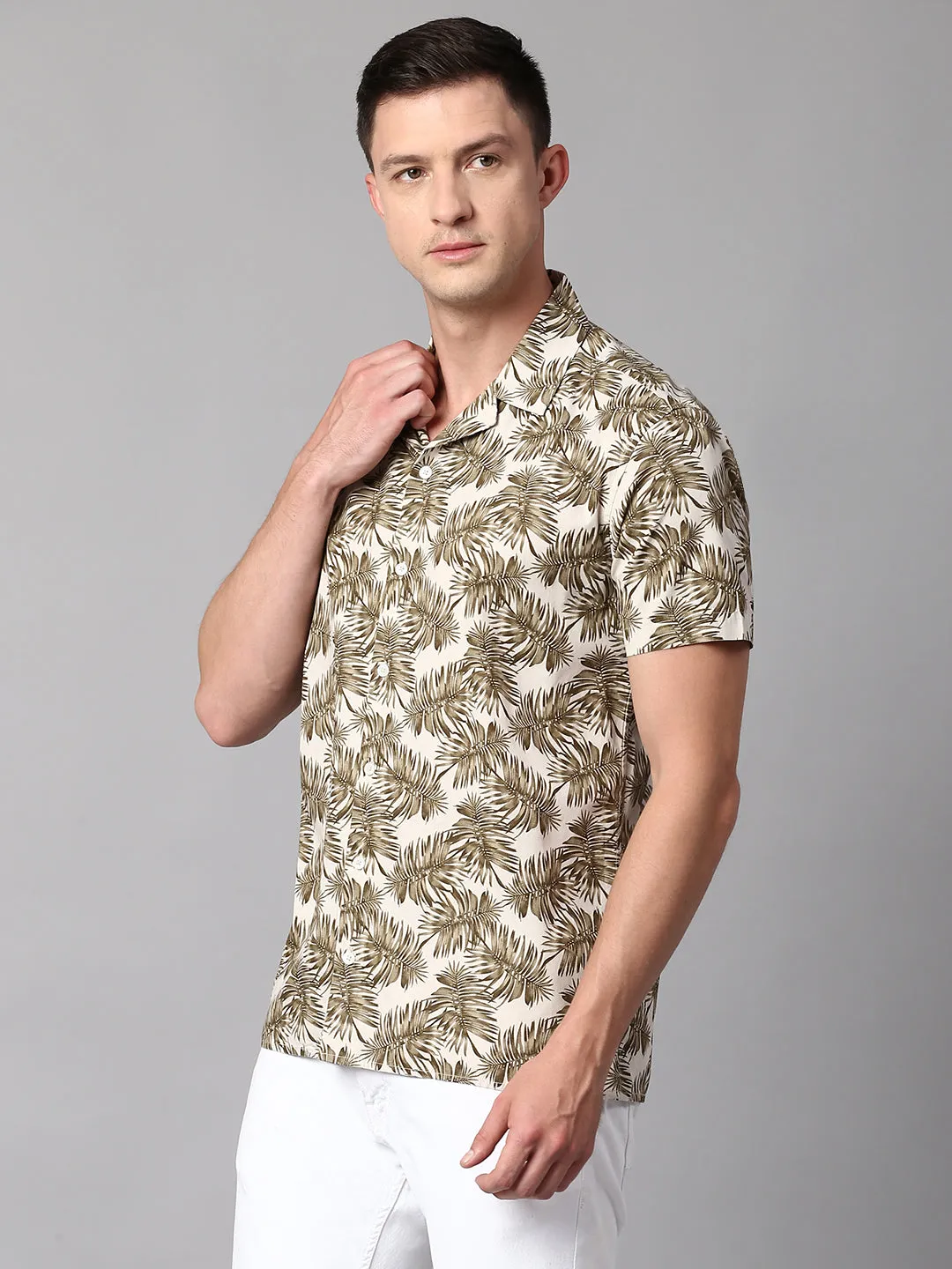 Men's Floral Brown Slim Fit Casual Shirt With Cuban Collar