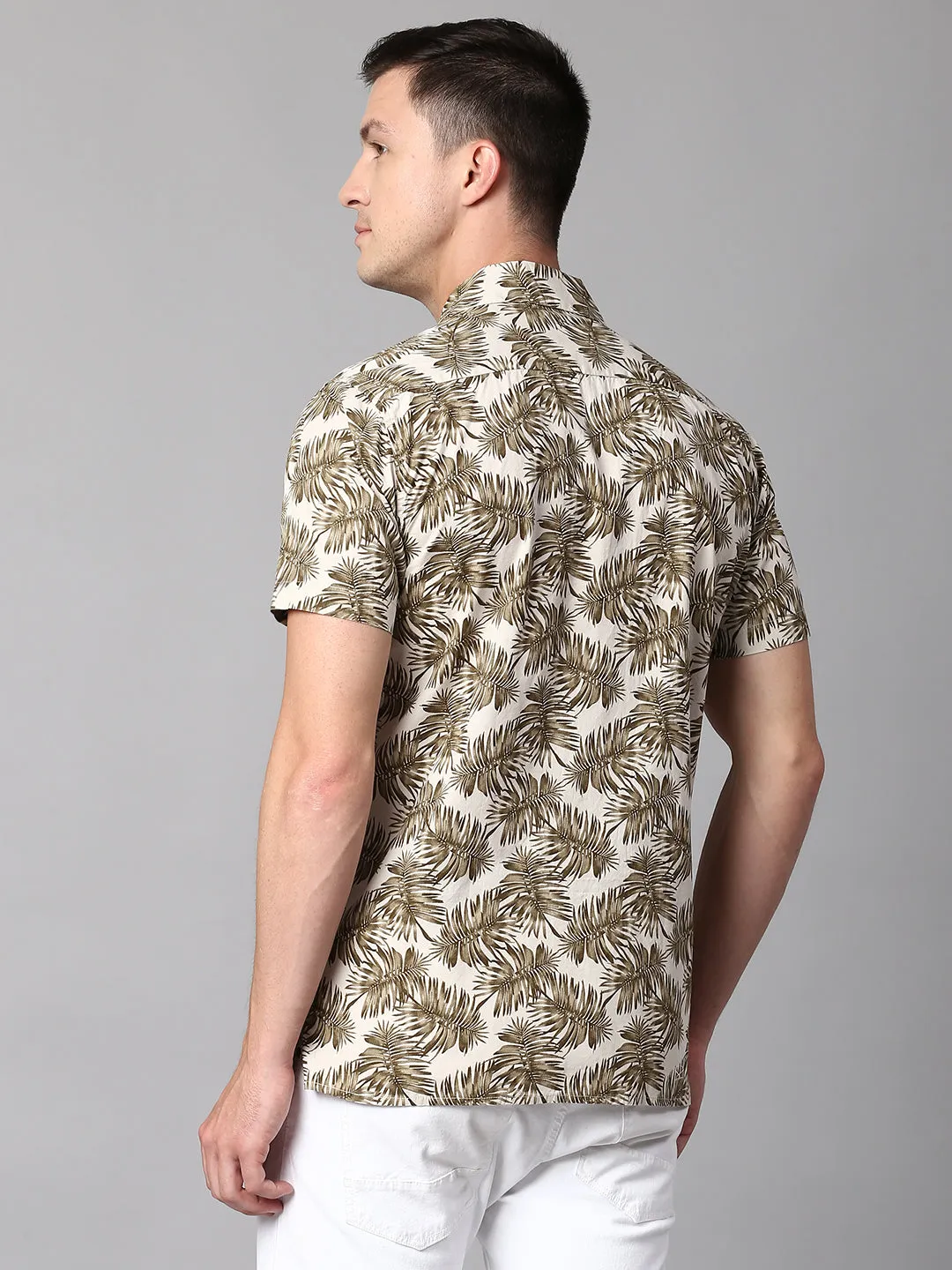 Men's Floral Brown Slim Fit Casual Shirt With Cuban Collar