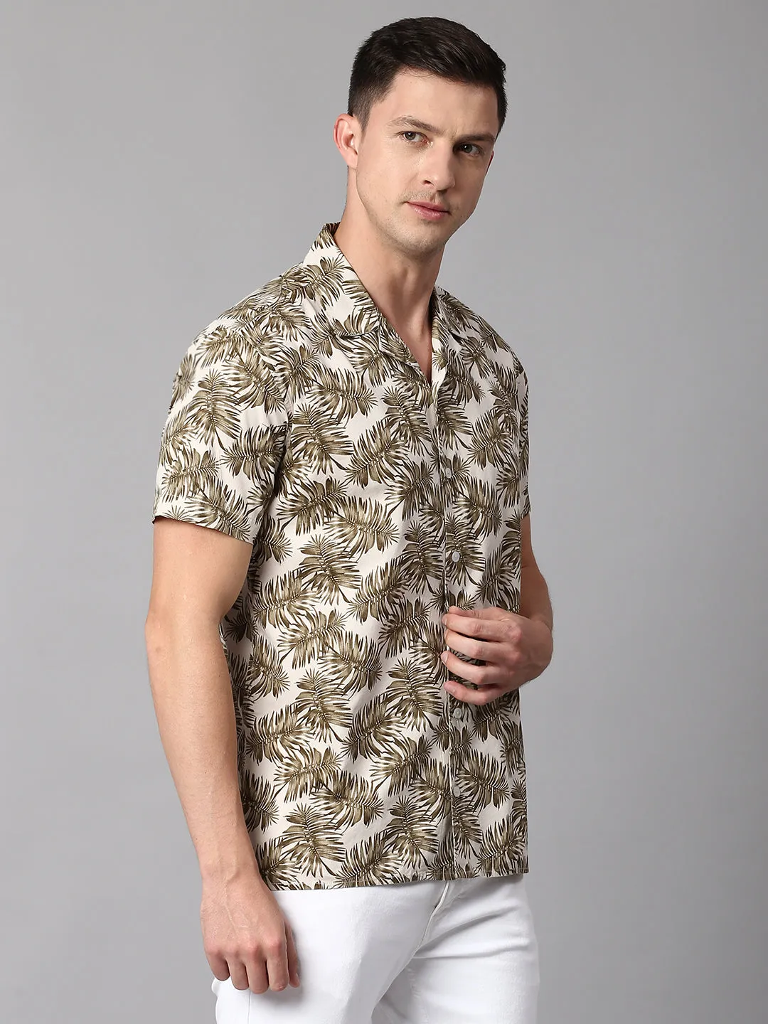 Men's Floral Brown Slim Fit Casual Shirt With Cuban Collar