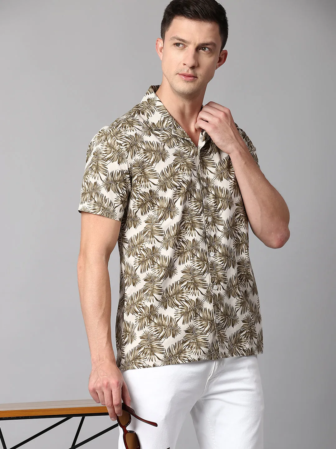 Men's Floral Brown Slim Fit Casual Shirt With Cuban Collar