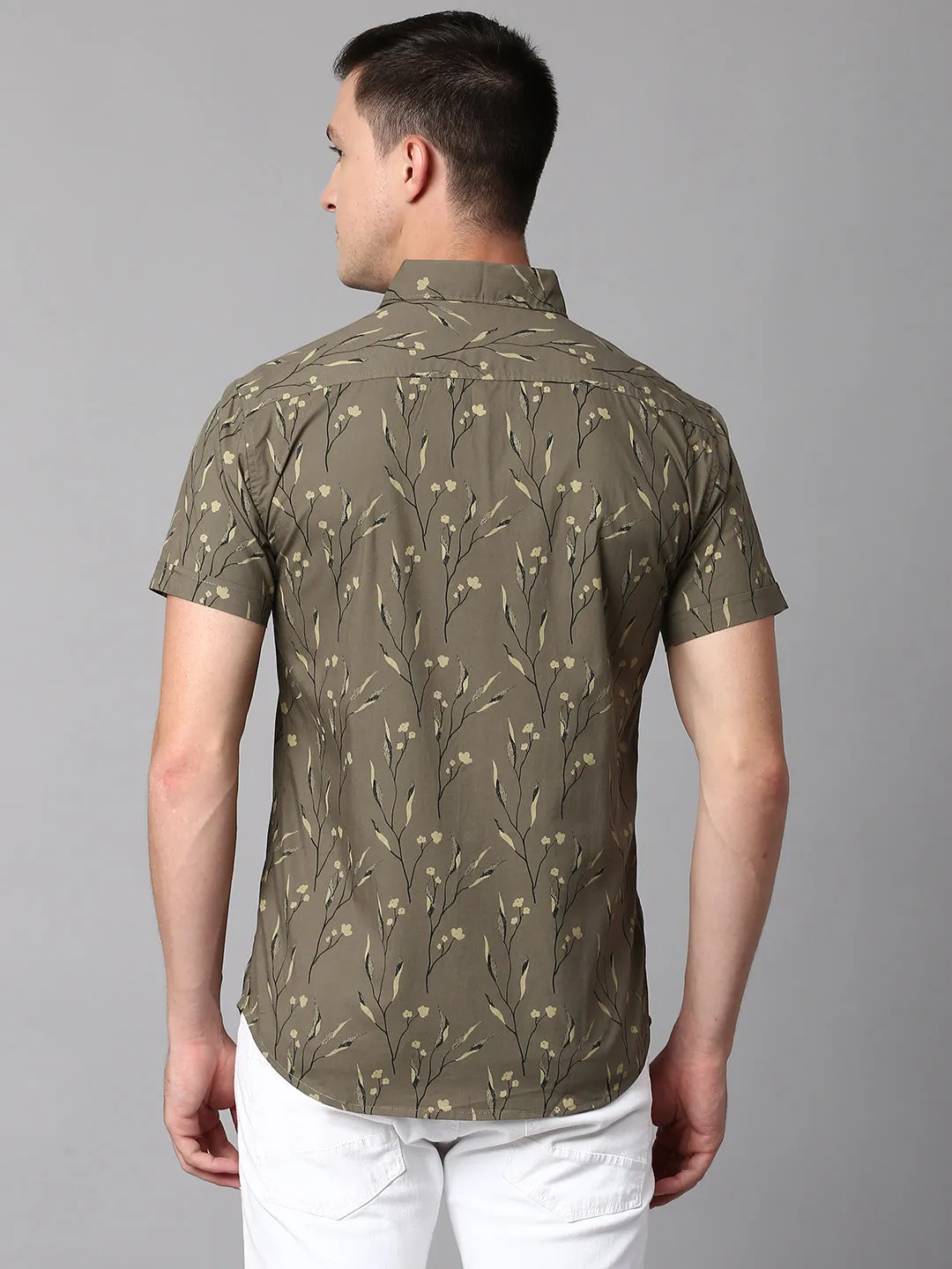 Men's Floral Green Slim Fit Casual Shirt With Spread Collar