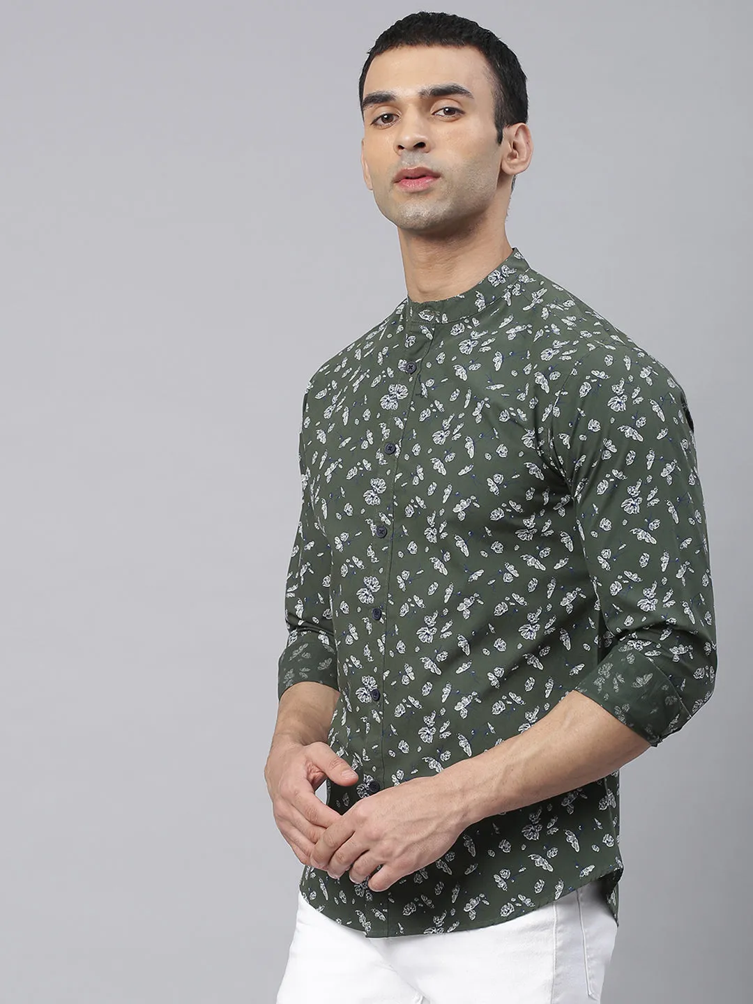 Men's Floral Prints Mandarin Collar Full Sleeves Slim Shirt (Green)