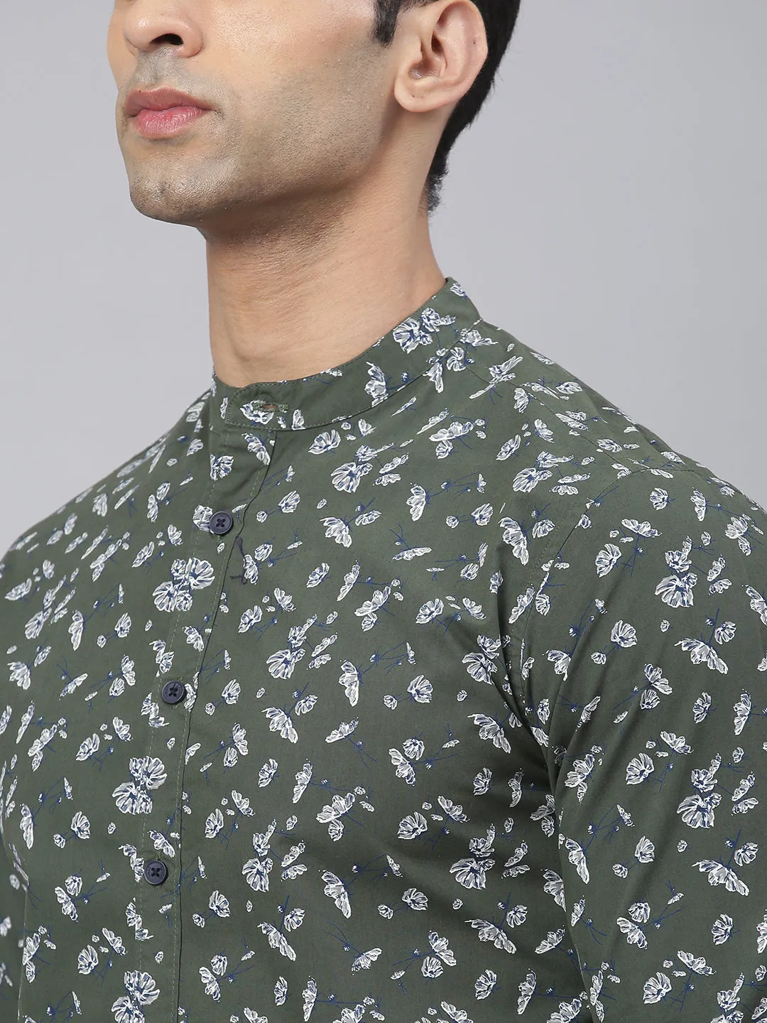 Men's Floral Prints Mandarin Collar Full Sleeves Slim Shirt (Green)