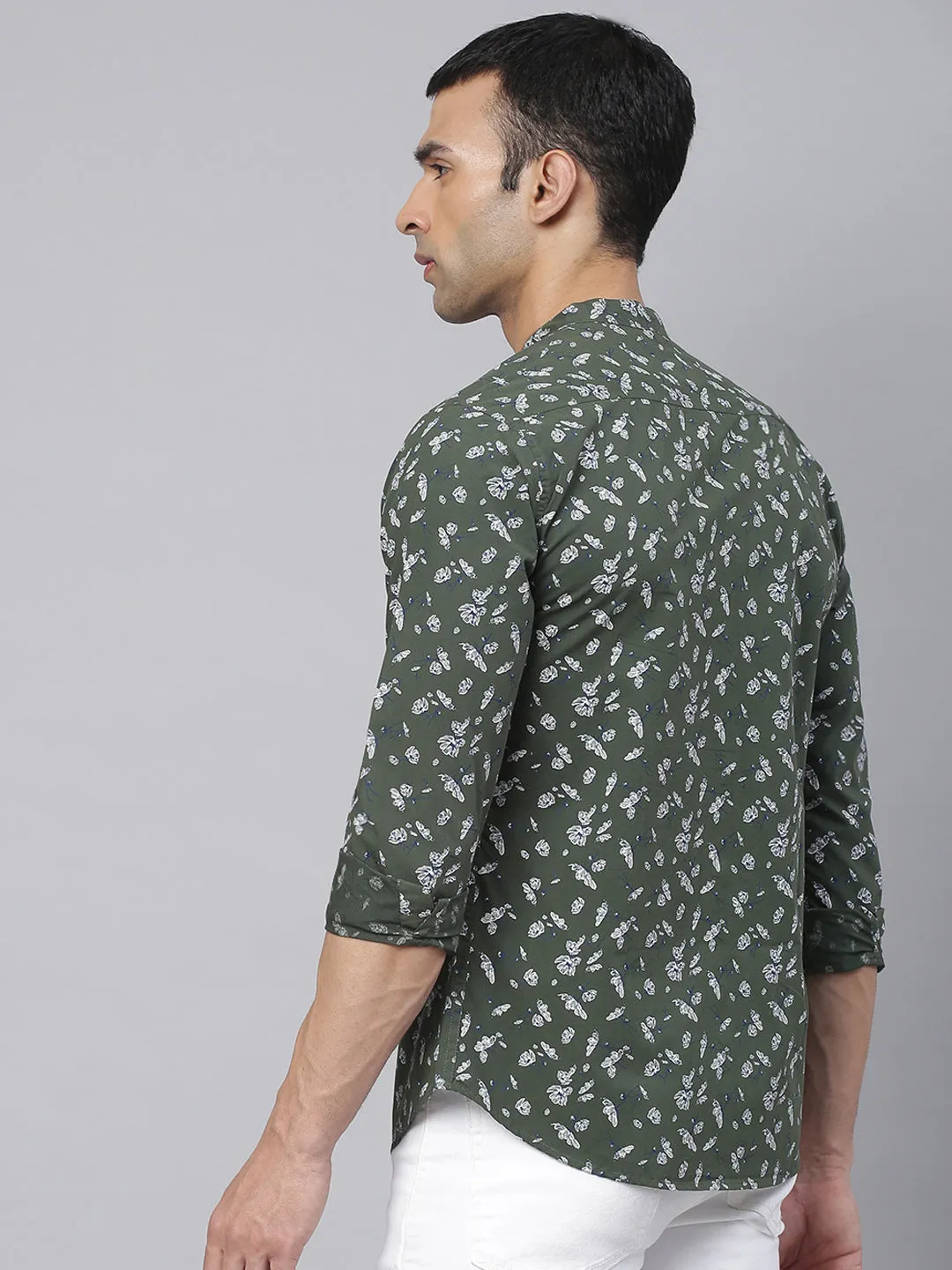 Men's Floral Prints Mandarin Collar Full Sleeves Slim Shirt (Green)