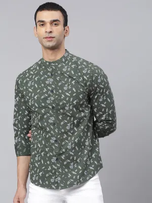 Men's Floral Prints Mandarin Collar Full Sleeves Slim Shirt (Green)